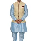 MAG Men's Sky Blue Matching silk Kurta Churidhar With Gold Waistcoat