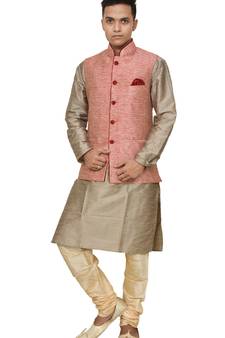 MAG Men's Copper Gold silk Kurta Gold Churidhar With Pink Waistcoat