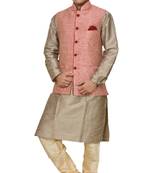 MAG Men's Copper Gold silk Kurta Gold Churidhar With Pink Waistcoat