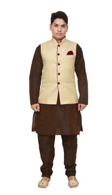 MAG Men's Brown Matching silk Kurta Churidhar With Gold Waistcoat 1