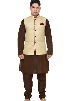 MAG Men's Brown Matching silk Kurta Churidhar With Gold Waistcoat