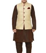 MAG Men's Brown Matching silk Kurta Churidhar With Gold Waistcoat