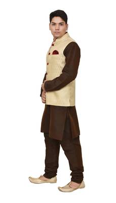 MAG Men's Brown Matching silk Kurta Churidhar With Gold Waistcoat 2