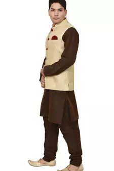 MAG Men's Brown Matching silk Kurta Churidhar With Gold Waistcoat