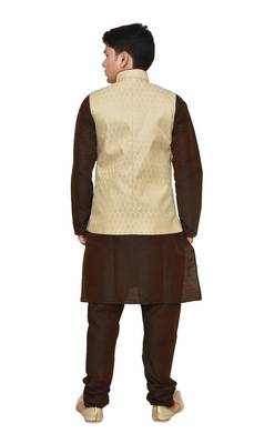 MAG Men's Brown Matching silk Kurta Churidhar With Gold Waistcoat 3