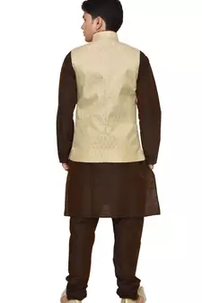 MAG Men's Brown Matching silk Kurta Churidhar With Gold Waistcoat