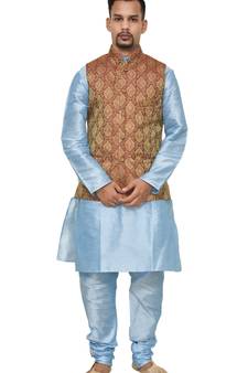 MAG Men's Sky Blue Matching silk Kurta Churidhar With Maroon Waistcoat