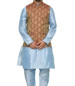 MAG Men's Sky Blue Matching silk Kurta Churidhar With Maroon Waistcoat