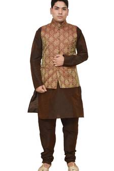 Mag Men's Brown Matching silk Kurta Churidhar With Maroon Waistcoat