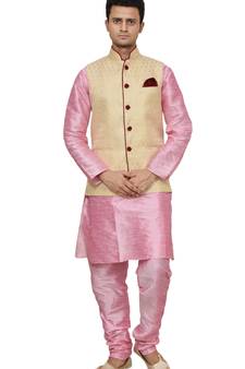 Mag Men's Pink Matching silk Kurta Churidhar With Gold Waistcoat