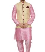 Mag Men's Pink Matching silk Kurta Churidhar With Gold Waistcoat