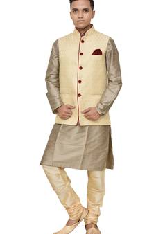 Mag Men's Copper Gold silk Kurta Gold Churidhar With Gold Waistcoat