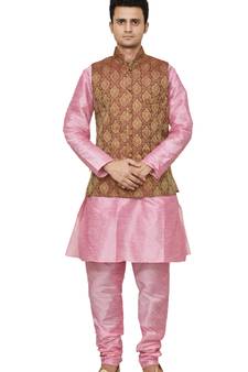 Mag Men's Pink Matching silk Kurta Churidhar With Maroon Waistcoat