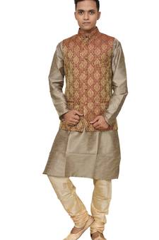 Mag Men's Copper Gold silk Kurta Gold Churidhar With Maroon Waistcoat
