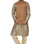 Mag Men's Copper Gold silk Kurta Gold Churidhar With Maroon Waistcoat