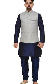 Mag Men's Nevy Blue Matching silk Kurta Churidhar With Gray Joot Waistcoat
