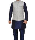 Mag Men's Nevy Blue Matching silk Kurta Churidhar With Gray Joot Waistcoat