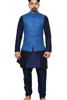Mag Men's Nevy Blue Matching silk Kurta Churidhar With Sky Blue Joot Waistcoat