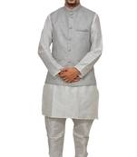 Mag Men's White Matching silk Kurta Churidhar With Gray Joot Waistcoat