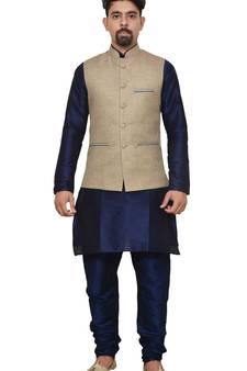 Mag Men's Nevy Blue Matching silk Kurta Churidhar With Coffee Colour Joot Waistcoat