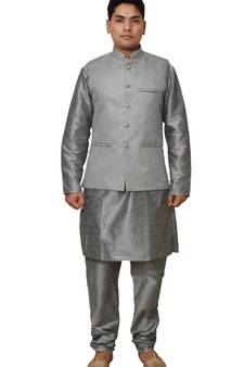 Mag Men's Silver Matching silk Kurta Churidhar With Gray Joot Waistcoat
