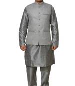 Mag Men's Silver Matching silk Kurta Churidhar With Gray Joot Waistcoat