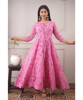 Partywear Designer Hand Screen and Foil Print pink Pure chanderi Gown 1