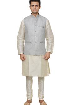 Mag Men's white Matching silk Kurta Churidhar With Gray Joot Waistcoat