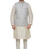 Mag Men's white Matching silk Kurta Churidhar With Gray Joot Waistcoat