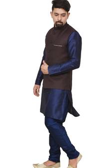 Mag Men's Nevy Blue Matching silk Kurta Churidhar With Pink Voilet Joot Waistcoat
