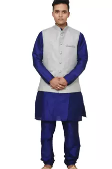 Mag Men's Royal Blue Matching silk Kurta Churidhar With Gray Joot Waistcoat