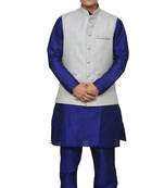 Mag Men's Royal Blue Matching silk Kurta Churidhar With Gray Joot Waistcoat