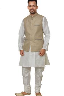 Mag Men's White Matching silk Kurta Churidhar With Coffee Colour Joot Waistcoat