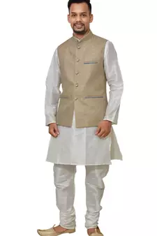 Mag Men's White Matching silk Kurta Churidhar With Coffee Colour Joot Waistcoat