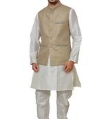 Mag Men's White Matching silk Kurta Churidhar With Coffee Colour Joot Waistcoat