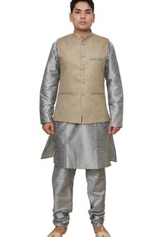 Mag Men's Silver Matching silk Kurta Churidhar With Coffee Colour Joot Waistcoat