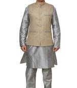 Mag Men's Silver Matching silk Kurta Churidhar With Coffee Colour Joot Waistcoat