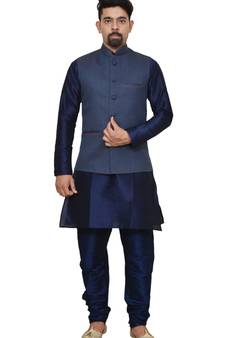 Mag Men's Nevy Blue Matching silk Kurta Churidhar With Nevy Blue Joot Waistcoat