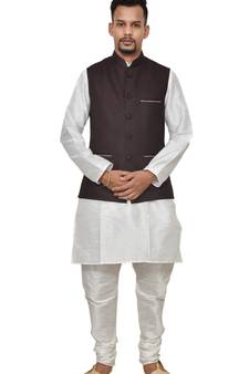 Mag Men's White Matching silk Kurta Churidhar With Pink Voilet Joot Waistcoat