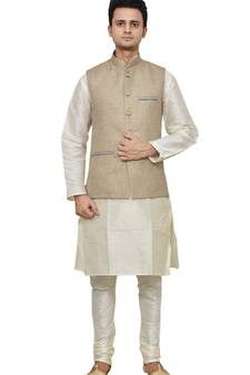 Mag Men's white Matching silk Kurta Churidhar With Coffee Colour Joot Waistcoat