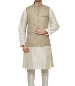 Mag Men's white Matching silk Kurta Churidhar With Coffee Colour Joot Waistcoat