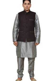 Mag Men's Silver Matching silk Kurta Churidhar With Pink Voilet Joot Waistcoat