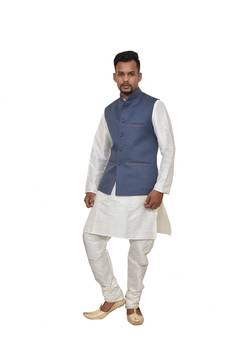 Mag Men's White Matching silk Kurta Churidhar With Nevy Blue Joot Waistcoat