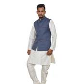 Mag Men's White Matching silk Kurta Churidhar With Nevy Blue Joot Waistcoat