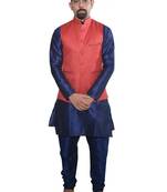Mag Men's Nevy Blue Matching silk Kurta Churidhar With Red Joot Waistcoat