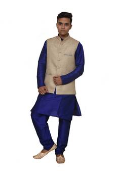Mag Men's Royal Blue Matching silk Kurta Churidhar With Coffee Colour Joot Waistcoat