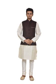 Mag Men's white Matching silk Kurta Churidhar With Pink Voilet Joot Waistcoat
