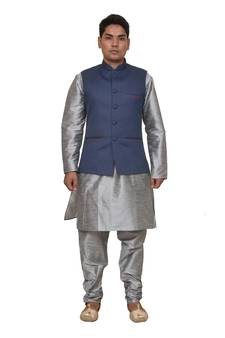 Mag Men's Silver Matching silk Kurta Churidhar With Blue Joot Waistcoat