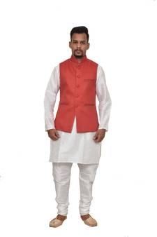 Mag Men's White Matching silk Kurta Churidhar With Red Joot Waistcoat