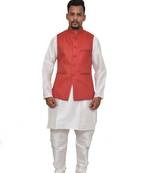 Mag Men's White Matching silk Kurta Churidhar With Red Joot Waistcoat